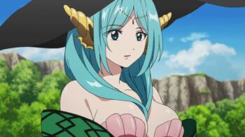 1boy 1girl aladdin_(magi) animated animated_gif aqua_hair bare_shoulders between_breasts bikini blue_eyes blue_hair blush braid breast_smother breasts closed_eyes embarrassed face_to_breasts grabbing_another's_breast groping hat head_between_breasts hetero long_hair lowres magi_the_labyrinth_of_magic shell shell_bikini single_braid turban witch_hat yamuraiha