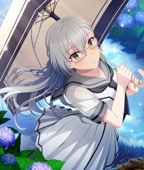 1girl after_rain black_neckerchief blue_flower blush braid breasts day flower game_cg glasses grey_hair grey_sailor_collar half_up_braid holding holding_umbrella hydrangea kitora_mirja large_breasts long_hair looking_at_viewer neckerchief official_art outdoors parted_lips puddle purple-framed_eyewear purple_flower ripples sailor_collar school_uniform serafuku shirt short_sleeves skirt solo sparkle summer_uniform sunlight teeth third-party_source toji_no_miko toji_no_miko:_kizamishi_issen_no_tomoshibi umbrella under_umbrella white_serafuku white_shirt white_skirt white_umbrella yellow_eyes