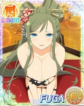 1girl black_kimono blue_eyes border bowing breasts card_(medium) character_name cleavage closed_mouth datehyogo english_text floral_print floral_print_kimono folding_screen fuga_(senran_kagura) game_cg green_hair hair_ornament japanese_clothes kanzashi kimono large_breasts leaning_forward long_hair low_neckline mole mole_under_eye official_alternate_costume official_alternate_hairstyle official_art print_kimono red_lips seiza senran_kagura senran_kagura_new_wave sitting smile solo swept_bangs torn_clothes torn_kimono