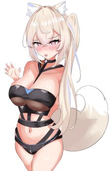 1girl absurdres animal_ear_fluff animal_ears bikini black_bikini blonde_hair blue_streaks blush breasts cleavage dog_ears dog_girl dog_tail fang fuwawa_abyssgard fuwawa_abyssgard_(holonatsu_paradise) highres hololive hololive_english large_breasts long_hair looking_at_viewer multicolored_hair navel official_alternate_costume pink_eyes ponytail sasaki_ikuya side_ponytail skin_fang solo streaked_hair swimsuit tail very_long_hair virtual_youtuber