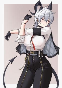 1girl armband bbk_(13zk) black_armband black_choker black_gloves black_horns black_jacket black_pants border brown_background button_gap choker closed_mouth commentary covered_erect_nipples cowboy_shot cross-body_stretch curled_horns demon_tail earrings gloves highres horns jacket jacket_on_shoulders jewelry key_earrings medium_hair multicolored_hair necktie outside_border pants red_eyes red_necktie shirt simple_background sleeves_rolled_up solo streaked_hair stretching tail tight_clothes tight_pants white_border white_hair white_shirt wuthering_waves zani_(wuthering_waves)