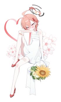 Rule 34 | 1girl, absurdres, ahoge, alternate costume, arm at side, asymmetrical bangs, bare legs, bare shoulders, black halo, blue archive, blush, bouquet, braid, cherry blossoms, closed mouth, dress, earrings, elbow gloves, embarrassed, flat chest, floral background, flower, flower hairpin, full body, furrowed brow, gloves, hair ribbon, halo, hand on own knee, head tilt, heart, high heels, highres, holding, holding bouquet, huge ahoge, invisible chair, jewelry, knee up, left-handed, legs, looking at viewer, miisan, neru (blue archive), nervous smile, nose blush, orange hair, red eyes, red shoes, ribbon, shoes, short dress, short hair, side braid, simple background, sitting, skinny, slit pupils, smile, solo, strapless, strapless dress, stud earrings, sunflower, sweatdrop, tsurime, upturned eyes, v-shaped eyebrows, white background, white flower, white gloves, white ribbon