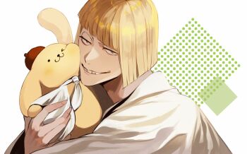 1boy ajuji_aju bleach blonde_hair blunt_bangs blunt_ends commentary_request haori highres hirako_shinji japanese_clothes looking_at_viewer male_focus polka_dot pompompurin sanrio short_hair simple_background smile solo taichou_haori teeth white_background