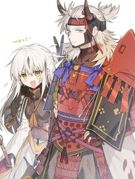 1boy 1girl armor black_hair breasts collar fate/grand_order fate_(series) green_eyes hair_between_eyes highres japanese_armor long_hair long_skirt long_sleeves looking_at_viewer medium_breasts metal_collar multicolored_hair nagao_kagetora_(fate) open_mouth red_armor rizu033 sash shoulder_armor sidelocks skirt smile sode takeda_shingen_(fate) takeda_shingen_(second_ascension)_(fate) two-tone_hair very_long_hair war_fan white_hair white_skirt wide_sleeves yellow_sash