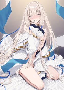 1boy blonde_hair commentary_request fate/grand_order fate_(series) finger_to_mouth full_body grin highres kneeling long_hair long_sidelocks looking_at_viewer low-tied_sidelocks meimone naked_robe nipples noah_(fate) noah_(third_ascension)_(fate) robe seiza sidelocks sitting smile solo sweat trap very_long_hair very_long_sidelocks white_robe