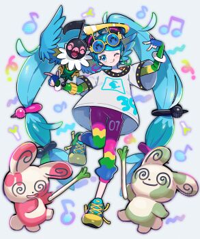 Rule 34 | 1girl, :q, @ @, absurdres, alternate color, aqua hair, beamed eighth notes, bird, blue eyes, chatot, closed eyes, commentary, earrings, eighth note, eyewear on head, fingerless gloves, fuinagi (huyuu mm), gen 3 pokemon, gen 4 pokemon, gloves, hatsune miku, highres, jewelry, long hair, looking at viewer, multicolored pants, musical note, nintendo, normal miku (project voltage), one eye closed, pants, pokemon, pokemon (creature), project voltage, shiny and normal, shiny pokemon, shirt, shoes, smile, sneakers, spinda, spiral-only eyes, spring onion, standing, standing on one leg, sunglasses, tongue, tongue out, twintails, very long hair, vocaloid, white shirt