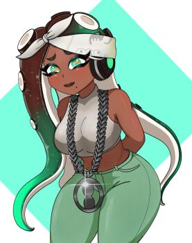 1girl arms_behind_back bandana black_hair blue_background blush breasts cephalopod_eyes crop_top dark-skinned_female dark_skin gradient_hair green_eyes green_hair green_pants grey_shirt headband headphones jewelry large_breasts leaning_forward long_hair looking_at_viewer marina_(dj_hyperfresh)_(splatoon) marina_(splatoon) midriff mole mole_under_mouth multicolored_hair navel navel_piercing necklace nintendo octoling octopus_girl pants piercing shirt sleeveless sleeveless_shirt splatoon_(series) splatoon_2 splatoon_2:_octo_expansion standing symbol-shaped_pupils tentacle_hair very_long_hair whipmyhair white_bandana