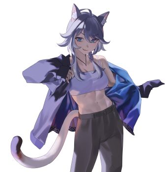 1girl absurdres ahoge animal_ear_fluff animal_ears aragiken blue_eyes breasts camisole cat_ears cat_tail cipher_(honkai:_star_rail) cleavage commentary cowboy_shot grey_hair grey_jacket grey_pants highres honkai:_star_rail honkai_(series) jacket jewelry long_hair long_sleeves looking_at_viewer midriff navel necklace pants simple_background single_bare_shoulder single_off_shoulder small_breasts smile solo spaghetti_strap standing stomach tail white_background