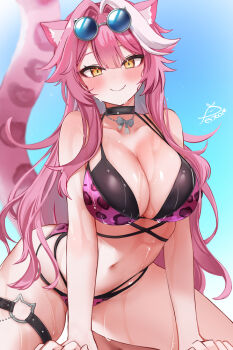 1girl animal_ears animal_print bikini black_choker blue_sky blush breasts choker closed_mouth day festa11307070 hair_intakes hololive hololive_english huge_breasts leopard_print leopard_print_bikini long_hair looking_at_viewer navel panther_ears panther_girl panther_tail pink_bikini pink_hair pink_tail print_bikini raora_panthera signature sky smile solo stomach sunglasses swimsuit tail thighs virtual_youtuber wet yellow_eyes