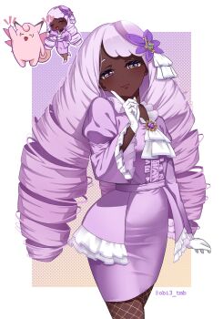 1girl absurdres ascot blush chibi clefable closed_eyes closed_mouth dark-skinned_female dark_skin dress fascinator fishnet_pantyhose fishnets frilled_ascot frills gen_1_pokemon gloves highres jacinthe_(pokemon) juliet_sleeves long_hair long_sleeves looking_at_viewer low_drills mega_stone nintendo obi3 open_mouth pantyhose pokemon pokemon_(creature) pokemon_legends:_z-a puffy_sleeves purple_dress purple_eyes purple_hair smile very_dark_skin white_gloves wings