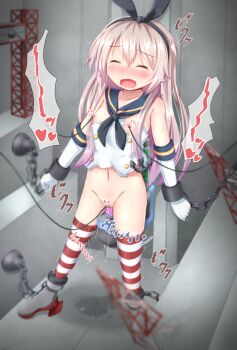 10s 1girl animal_ears bdsm blonde_hair blue_eyes blush bondage bottomless bound chain clitoral_stimulation clitoris clitoris_bondage clitoris_leash closed_eyes cuffs dildo elbow_gloves female_ejaculation female_focus flat_chest forced_orgasm gloves hairband heart high_heels highres kantai_collection loli long_hair machine mumumumu navel nipples object_insertion open_mouth pussy pussy_juice pussy_juice_puddle pussy_juice_trail rabbit_ears sex_machine sex_toy shackles shimakaze_(kancolle) shiny_skin solo standing striped_legwear tears thighhighs torn_clothes vaginal vaginal_object_insertion vibrator white_gloves