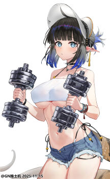 1girl absurdres arknights black_hair blue_eyes blue_hair breasts covered_erect_nipples crop_top derivative_work dolphin_shorts dumbbell eunectes_(arknights) gn_tuituji hat highres holding holding_dumbbell large_breasts looking_at_viewer multicolored_hair navel pointy_ears short_hair shorts simple_background snake_girl snake_tail solo stomach tail thighs two-tone_hair underboob white_background white_hat