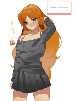 1girl flat_chest freckles green_eyes grey_skirt grey_sweater highres ishmael_(project_moon) limbus_company long_hair marshmallow_(site) off-shoulder_sweater off_shoulder orange_hair pleated_skirt project_moon request_inset sidelocks skirt solo spaghetti_strap sweater very_long_hair yongsadragon