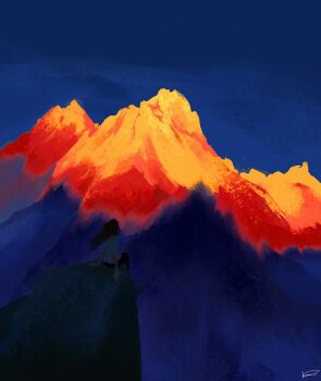 1girl arm_support arms_at_sides black_hair blue_sky cliff commentary english_commentary evening from_behind highres kasaman_(kasaman95) long_hair mountain original outdoors pants shirt short_sleeves signature sitting sky solo sunlight wide_shot