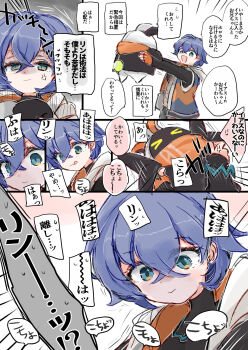 >_< 1girl anger_vein az79709363 belle_(zenless_zone_zero) blue_hair commentary_request crossed_bangs eous_(zenless_zone_zero) gloves green_eyes highres licking_lips long_sleeves orange_gloves shirt short_hair tickling tongue tongue_out translation_request white_background zenless_zone_zero