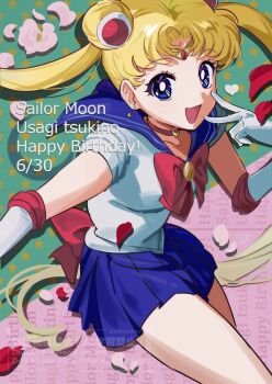 1girl :d bishoujo_senshi_sailor_moon blonde_hair blue_eyes blue_sailor_collar blue_skirt bow bright_pupils brooch choker circlet collared_shirt cowboy_shot crescent crescent_earrings dated earrings elbow_gloves english_text gloves green_background hair_bun hair_intakes hair_ornament happy_birthday heart highres jewelry long_hair looking_at_viewer magical_girl open_mouth pink_background pleated_skirt red_bow red_choker sailor sailor_collar sailor_moon sailor_senshi_uniform sailor_shirt shipu_(gassyumaron) shirt skirt smile solo star_(symbol) star_symbol_background thighs tsukino_usagi twintails two-tone_background v very_long_hair watermark white_gloves white_pupils white_shirt