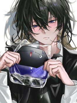 1boy black_hair black_sweater_vest blonde_hair blush closed_mouth collared_shirt colored_inner_hair commentary creature cross cross_earrings crossed_bangs daenarys earrings eyelashes fang fang_out hair_between_eyes half-closed_eyes hands_up highres holding holding_creature jewelry long_hair long_sleeves looking_at_viewer looking_down male_focus medium_hair messy_hair multicolored_hair original purple_eyes shadow shirt simple_background solo sweater_vest symbol-only_commentary two-tone_hair upper_body white_background white_shirt