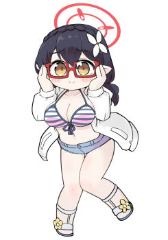 1girl ayane_(blue_archive) ayane_(swimsuit)_(blue_archive) bikini bikini_under_clothes black_hair blue_archive blue_sandals blue_shorts blush_stickers braid breasts brown_eyes chibi cleavage closed_mouth collarbone denim denim_shorts flower full_body glasses hair_between_eyes hair_flower hair_ornament halo hood hood_down hooded_jacket jacket long_sleeves medium_breasts miranofuudoria navel open_clothes open_jacket pointy_ears puffy_long_sleeves puffy_sleeves red-framed_eyewear sandals semi-rimless_eyewear short_shorts shorts simple_background smile solo standing standing_on_one_leg striped_bikini striped_clothes swimsuit under-rim_eyewear white_background white_flower white_jacket