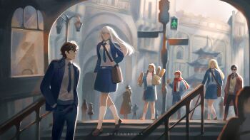 aerisabella black_hair blonde_hair blue_coat blue_necktie blue_skirt braid cassie_(shadow_slave) character_request check_character coat collared_shirt commentary effie_(shadow_slave) english_commentary full_body hands_in_pockets highres kai_(shadow_slave) lamppost long_hair looking_at_another matching_outfits necktie nephis_(shadow_slave) pedestrian_lights people red_hair red_scarf scarf school_uniform shadow_slave shirt short_hair skirt smile stairs sunny_(shadow_slave) twin_braids walking white_hair white_shirt