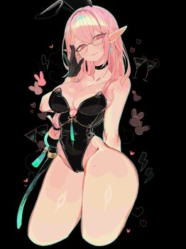 1girl black_background black_gloves black_leotard blush breasts closed_mouth cowboy_shot earrings glasses gloves hair_between_eyes highres jewelry large_breasts leotard long_hair looking_at_viewer pink_eyes pink_hair playboy_bunny pointy_ears sidelocks simple_background smile solo thighs tsukishiro_yanagi usa37107692 zenless_zone_zero