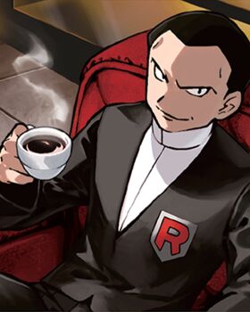 1boy chair coffee formal_clothes giovanni_(pokemon) highres looking_at_viewer male_focus nintendo official_art on_chair pokemon pokemon_card pokemon_frlg pokemon_tcg solo_focus suit team_rocket