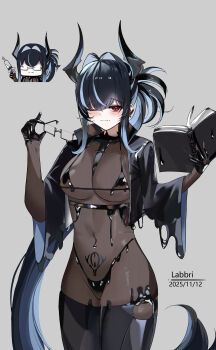 1girl absurdres artist_name bahamut_(nikke) bikini black_bikini black_boots black_gloves black_hair black_jacket black_liquid bodystocking book boots breasts chinese_commentary closed_mouth commentary_request covered_navel cowboy_shot cropped_jacket dated ear_piercing earclip glasses gloves goddess_of_victory:_nikke grey_hair hair_between_eyes hair_intakes half_gloves highres holding holding_book holding_removed_eyewear holding_syringe horns jacket labbri large_breasts latex_bikini liquid_clothes long_hair looking_at_viewer mole mole_under_mouth multicolored_hair navel_piercing necktie one_eye_closed open_clothes open_jacket piercing ponytail pubic_tattoo red_eyes see-through_cleavage see-through_clothes sidelocks simple_background skindentation standing streaked_hair swimsuit syringe tattoo thigh_boots two-tone_hair unworn_eyewear upside-down_book