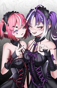 2girls absurdres barbell_piercing black_choker black_dress black_nails braid braided_bangs camila_(vtuber) choker claw_pose colored_eyelashes cross cross-laced_clothes cross-laced_dress cross-laced_gloves cross_earrings diamond_facial_mark diamond_hair_ornament dress ear_piercing earrings facial_mark fang frilled_choker frilled_gloves frilled_headwear frills gloves hair_ribbon heart heart_facial_mark highres indie_virtual_youtuber industrial_piercing jewelry looking_at_viewer mats_kuro michi_mochievee mismatched_eyelashes multicolored_hair multiple_girls open_mouth piercing pink_hair pointy_ears ponytail purple_eyes purple_hair purple_ribbon red_ribbon ribbon ringed_eyes short_eyebrows sleeveless sleeveless_dress smile stitched_face stitches streaked_hair two_side_up v virtual_youtuber vshojo white_hair