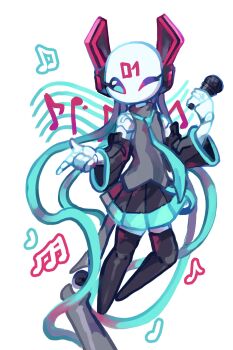 1girl absurdres amenalyme black_pantyhose black_skirt black_sleeves blinking blue_eyes blue_necktie cable detached_sleeves grey_shirt hatsune_miku highres holding holding_microphone humanoid_robot iterator_(rain_world) joints mechanical_arms microphone musical_note necktie no_humans no_mouth no_nose pantyhose pointing pointing_at_viewer rain_world robot robot_ears robot_girl robot_joints shirt skirt white_background