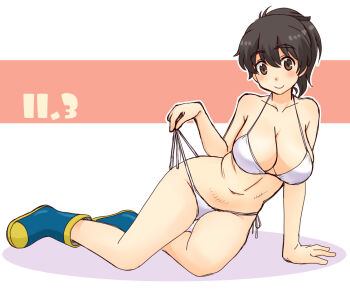 1girl arm_support bikini bikini_bottom_pull blue_boots boots breasts brown_eyes brown_hair cleavage collarbone commentary_request dated full_body girls_und_panzer halterneck koyama_yuzu looking_at_viewer lying navel on_side open_clothes ponytail side-tie_bikini_bottom solo swimsuit untied_bikini uona_telepin white_bikini