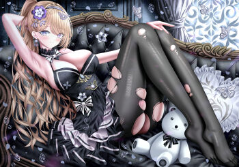 1girl absurdres arm_behind_head armpits black_dress black_pantyhose blonde_hair blush bow bowtie breasts bug butterfly cleavage closed_mouth commentary couch dress earrings heart heart-shaped_pillow highres indoors insect jewelry large_breasts light_smile long_hair looking_at_viewer mole mole_under_eye no_shoes on_couch original pantyhose pillow purple_eyes sitting sleeveless sleeveless_dress stuffed_toy symbol-only_commentary tina_(tinafya) torn_clothes torn_pantyhose very_long_hair white_bow white_bowtie white_butterfly