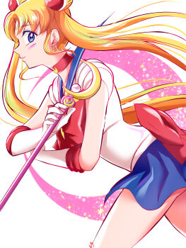 1girl absurdres ass_peek back_bow bishoujo_senshi_sailor_moon blonde_hair blue_eyes blue_sailor_collar blue_skirt bow bowtie choker circlet elbow_gloves gloves hair_ornament highres long_hair looking_at_viewer magical_girl miniskirt moon_stick_(sailor_moon) parted_bangs red_bow red_bowtie red_choker sailor_collar sailor_moon sailor_senshi_uniform skirt smile tsukino_usagi twintails user_wnug5873 very_long_hair white_gloves