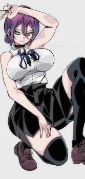 1girl arm_up black_skirt black_thighhighs blue_ribbon blush breasts brown_shoes chainsaw_man choker green_eyes grey_background hair_bun hand_on_own_thigh kinakomochi_(user_vedc2333) large_breasts looking_at_viewer neck_ribbon pencil_skirt purple_hair reze_(chainsaw_man) ribbon shirt shoes skirt sleeveless sleeveless_shirt smile squatting thick_thighs thighhighs thighs v white_shirt