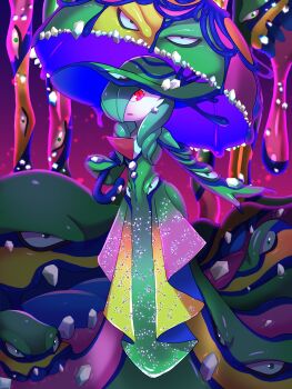 1girl absurdres alolan_form alolan_grimer alolan_muk alternate_hair_length alternate_hairstyle bare_shoulders colored_skin colorful commission dress drill_hair dripping female_focus flat_chest gardevoir gen_3_pokemon gen_7_pokemon green_eyes green_hair green_hat green_skin hair_over_one_eye hand_up hat highres holding holding_umbrella living_clothes long_hair looking_at_another looking_at_viewer multicolored_dress multicolored_skin nintendo objectification off-shoulder_dress off_shoulder one_eye_covered open_mouth pokemon pokemon_(creature) red_eyes skeb_commission slime_(creature) solo_focus sun_hat twin_drills two-tone_skin umbrella white_skin wwwguramo