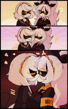 Rule 34 | ..., 2girls, ?, ^^^, absurdres, android, armband, black coat, black hairband, black suit, coat, commentary, dai honeys, english commentary, formal clothes, grid, hair ribbon, hairband, heart, highres, j (murder drones), kiss, motion lines, multiple girls, murder drones, ribbon, robot, short hair, smile, speed lines, suit, surprise kiss, surprised, tail, twintails, v (murder drones), white hair, yuri