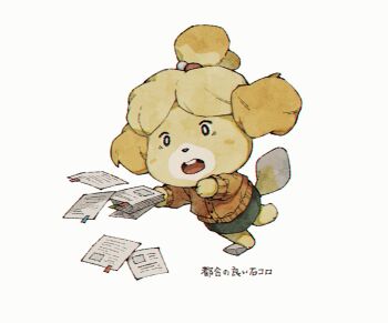1girl animal_crossing blue_eyes blush blush_stickers bright_pupils brown_cardigan buttons cardigan commentary_request dog_girl furry furry_female green_skirt highres isabelle_(animal_crossing) kaji_(oni_atat) long_sleeves nintendo open_mouth paper paper_stack papers pencil_skirt rock simple_background skirt solo surprised teeth topknot translation_request tripping upper_teeth_only white_background white_pupils wide-eyed