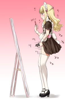 1boy apron back_bow bar_censor black_shoes block_heels blonde_hair blunt_bangs blush bow brown_dress brown_eyes bulge cellphone censored clothes_lift crossdressing crossdressing_(mtf) dress dress_lift erection erection_under_clothes frilled_apron frilled_headwear frills full-length_mirror furrowed_brow hair_ornament hairclip half_updo hand_up hands_up heart heavy_breathing highres holding holding_phone legs_together long_hair long_sidelocks looking_at_mirror maid maid_apron maid_headdress makeup male_focus male_masturbation masturbation minase_(takaoka_nanase) mirror moaning motion_lines notice_lines open_mouth original parted_lips penis phone pink_bow precum puffy_sleeves recording ribbon-trimmed_headwear ribbon_trim shoes short_dress short_sleeves sidelocks simple_background smartphone solo sound_effects standing sweatdrop testicles thighhighs thighs translated trap v variant_set wavy_hair white_apron white_thighhighs white_wrist_cuffs wrist_cuffs zettai_ryouiki