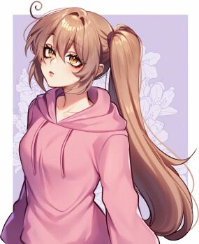 1girl aegyo_sal arms_at_sides artist_self-insert border breasts brown_hair closed_mouth commentary cowlick double-parted_bangs drawstring english_commentary eyelashes floral_background from_above hair_between_eyes hair_intakes hair_tie high_side_ponytail highres hood hood_down hoodie light_frown lips long_hair long_sleeves looking_up medium_breasts original outside_border pink_hoodie puffy_long_sleeves puffy_sleeves purple_background redrawn sasucchi95 simple_background solo upper_body white_border yellow_eyes