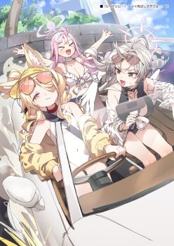 >_< 3girls :d animal_ear_fluff animal_ears bare_shoulders bikini black_one-piece_swimsuit blonde_hair blue_archive blue_sky blush breasts brown_eyes brown_hair brown_halo car cleavage cleavage_cutout closed_eyes closed_mouth clothing_cutout cloud cloudy_sky comiket_107 convertible covered_navel cup day driving fox_ears fox_girl frilled_bikini frills hair_over_one_eye halo hat highres holding holding_cup large_breasts long_hair mika_(blue_archive) mika_(swimsuit)_(blue_archive) motor_vehicle multiple_girls nagisa_(blue_archive) nagisa_(swimsuit)_(blue_archive) ocean official_alternate_costume official_alternate_hairstyle one-piece_swimsuit one_eye_closed open_mouth outstretched_arms pink_hair pink_halo right-hand_drive seatbelt seatbelt_between_breasts seia_(blue_archive) seia_(swimsuit)_(blue_archive) sky smile spread_arms steering_wheel swimsuit tea_party_(blue_archive) teacup translation_request water white_bikini white_one-piece_swimsuit xd yellow_eyes yellow_hat yukie_(kusaka_shi)