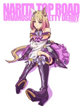 1girl absurdres animal_ears artist_name bare_shoulders blonde_hair boots character_name dress gradient_eyes high_heel_boots high_heels highres horse_ears horse_girl horse_tail horseshoe li_li_li_li_jun looking_at_viewer multicolored_eyes narita_top_road_(the_proud_road)_(umamusume) narita_top_road_(umamusume) purple_boots purple_dress short_hair sitting smile tail umamusume white_background