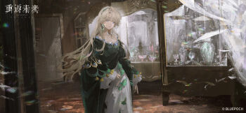 1girl beryl_bouanich black_cloak blue_eyes breasts cleavage cloak copyright_name copyright_notice crescent crescent_earrings crystal cup display_case dress earrings floating_earrings grey_hair highres indoors jewelry logo long_hair looking_at_viewer official_art official_wallpaper reverse:1999 smile solo upper_body vase white_dress