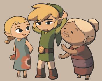 Rule 34 | 1boy, 2girls, arms behind back, aryll, black eyes, blonde hair, boots, brother and sister, brown background, brown boots, chibi, chibi only, closed mouth, commentary request, dress, floral print, green hat, hair bun, hands on own head, hat, holding, holding telescope, link, link's grandma, long sleeves, low twintails, multiple girls, nekome0220, nintendo, open mouth, pointy ears, short sleeves, siblings, simple background, sleeveless, sleeveless dress, standing, telescope, the legend of zelda, the legend of zelda: the wind waker, toon link, twintails, white hair