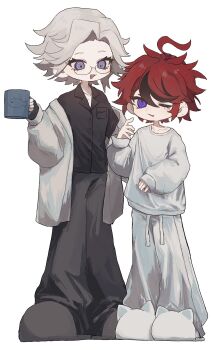 2boys ahoge alternate_costume animal_slippers aotsuki_eito black_gloves black_pants black_shirt black_streaks blue_eyes breast_pocket coffee_mug collarbone cup deformed fingerless_gloves glasses gloves grey_hair highres holding holding_cup looking_at_another looking_up male_focus mug multicolored_hair multiple_boys one_eye_closed open_mouth pants pocket purple_eyes red_hair ringed_eyes shirt short_hair simple_background slippers sparrowhabird streaked_hair sumino_takumi the_hundred_line_-last_defense_academy- white_background white_bathrobe white_pants white_shirt