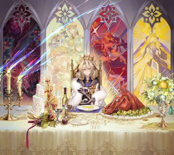 1boy absurdres aether_(genshin_impact) albedo_(genshin_impact) black_gloves blonde_hair blue_shirt boin_burin bottle bowl cake candelabra candle candlestand chair chalice closed_mouth commentary_request crown cup expressionless food fruit fur_trim genshin_impact geo_symbol_(genshin_impact) gloves half-closed_eyes highres klee_(genshin_impact) knife long_hair looking_at_viewer male_focus mini_durin_(genshin_impact) durin_(genshin_impact) mixed-language_commentary mona_(genshin_impact) on_chair partial_commentary plate rhinedottir_(genshin_impact) scar scar_on_neck shirt solo spoon stained_glass sucrose_(genshin_impact) table timaeus_(genshin_impact) vision_(genshin_impact) wine_bottle