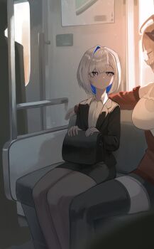 2girls absurdres ahoge amane_kanata arm_around_shoulder black_jacket black_pantyhose black_shorts black_skirt black_thighhighs blue_hair bob_cut breasts collared_shirt colored_inner_hair commentary dragon_girl dragon_horns english_commentary flat_chest glasses grey_hair hakimen highres hololive horns jacket kiryu_coco large_breasts looking_at_another miniskirt multicolored_hair multiple_girls office_lady orange_hair pantyhose pencil_skirt pink_streaks purple_eyes red_jacket shirt short_hair short_shorts shorts single_hair_intake sitting skirt suit_jacket tank_top thighhighs train_interior virtual_graduation_commemoration virtual_youtuber white_shirt white_tank_top