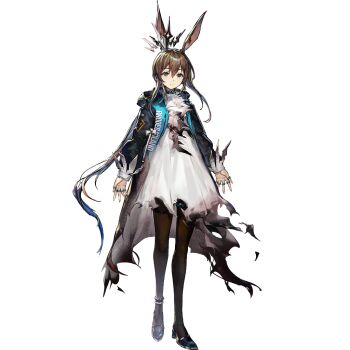 1girl amiya_(arknights) amiya_(medic)_(arknights) animal_ears anklet arknights ascot black_coat black_crown black_pantyhose black_shoes blue_eyes brown_hair burnt_clothes choker civilight_eterna closed_mouth coat crown dress ear_through_crown floating_crown full_body infection_monitor_(arknights) jewelry long_hair long_sleeves looking_at_viewer low_ponytail mag_(mag42) multiple_rings official_alternate_costume official_art pantyhose ponytail rabbit_ears rabbit_girl rhodes_island_uniform ring shoes sidelocks simple_background solo standing tachi-e third-party_source transparent_background very_long_hair white_ascot white_dress