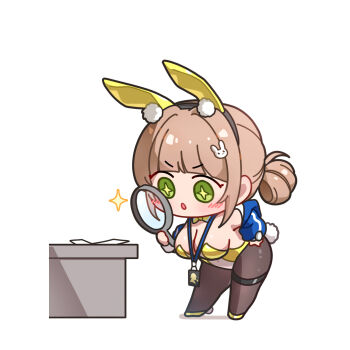 1girl alternate_costume animal_ears badge bent_over blue_jacket blunt_bangs blush bow bowtie breasts brown_hair chibi cleavage commentary deformed full_body goddess_of_victory:_nikke green_eyes hair_ornament hand_on_own_hip hand_up headband highres holding holding_magnifying_glass jacket lanyard magnifying_glass novel_(nikke) off_shoulder open_clothes open_jacket open_mouth pantyhose paper playboy_bunny pom_pom_(clothes) rabbit_ears rabbit_hair_ornament rabbit_tail sherlock_holmes shirt short_hair short_twintails simple_background solo star-shaped_pupils star_(symbol) symbol-shaped_pupils table tail twintails uz_(uzru0428) white_background wrist_cuffs yellow_shirt