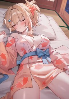 1girl alternate_costume bed_sheet blonde_hair blue_bow blush bow breasts breasts_apart closed_eyes collarbone commentary_request genshin_impact highres japanese_clothes kimono lying medium_breasts off_shoulder on_back parted_lips red_kimono signature single_bare_shoulder sleeping solo suzumori_(su2525) yoimiya_(genshin_impact)