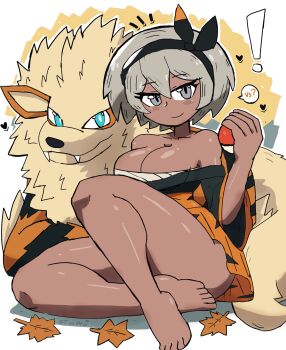 Rule 34 | !, 1girl, absurdres, animal, arcanine, autumn leaves, bandages, barefoot, bea (pokemon), black kimono, blue eyes, blush, breasts, chest sarashi, cleavage, collarbone, dark-skinned female, dark skin, dog, fangs, gen 1 pokemon, grey eyes, grey hair, hairband, hakama, heart, highres, holding, holding poke ball, japanese clothes, kimono, large breasts, leaf, long sleeves, nintendo, off shoulder, orange hakama, poke ball, poke ball (basic), pokemon, pokemon (creature), pokemon swsh, sarashi, short hair, sitting, smile, speech bubble, tony welt, white background, wide sleeves