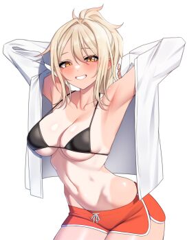 1girl absurdres armpits arms_behind_head arms_up bikini bikini_top_only black_bikini blonde_hair blush breasts cleavage collarbone commentary_request dolphin_shorts grin hair_between_eyes hair_intakes highres large_breasts long_hair long_sleeves looking_at_viewer love_live! love_live!_nijigasaki_high_school_idol_club miyashita_ai nasuno_(nasuno42) navel one-piece_tan open_clothes open_shirt orange_eyes orange_shorts ponytail shirt shorts simple_background smile solo stomach swimsuit tan tanline thighs tokimeki_no_mirai_chizu underboob white_background white_shirt