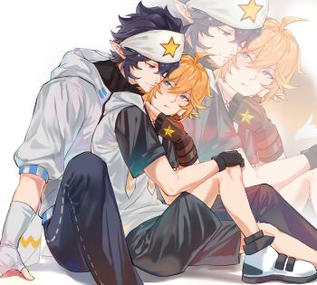 Rule 34 | 2boys, :t, ahoge, aotu world, asymmetrical gloves, bandana, black gloves, black hair, black shorts, blonde hair, blue eyes, blue pants, blush, brown gloves, chinese commentary, closed mouth, commentary request, denim, drawstring, fingerless gloves, gloves, hair between eyes, hand on another's chin, hand on another's face, hand on own knee, headband, highres, hood, hood down, hooded jacket, hoodie, hug, hug from behind, jacket, kangmaibai, king (aotu world), knee up, looking at another, male focus, multicolored gloves, multicolored hoodie, multiple boys, pants, pointy ears, pout, print gloves, print headband, purple eyes, ray (aotu world), shirt, shoes, short hair, short sleeves, shorts, sitting, star (symbol), star print, white gloves, white headband, white hoodie, white jacket, white shoes, yaoi, zoom layer